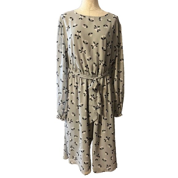 Anne Klein Dress Gray Black Floral XL Extra Large Long Sleeve Blouson Flowy - Picture 3 of 6